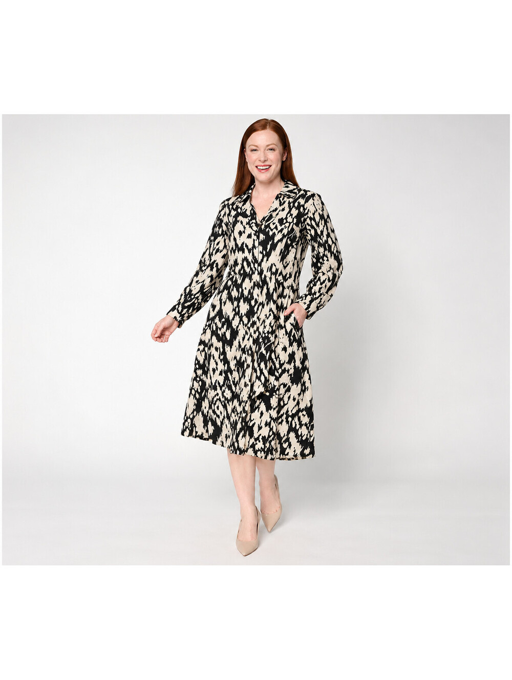 Dennis Basso Regular Drapy Ikat Button Front Shirt Dress Black/Ecru, Size Medium